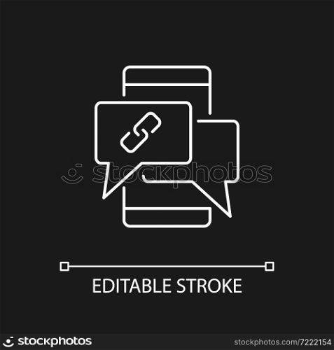 Digital communication white linear icon for dark theme. Instant messaging. Collaborative culture. Thin line customizable illustration. Isolated vector contour symbol for night mode. Editable stroke. Digital communication white linear icon for dark theme