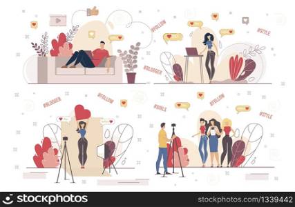 Digital Content Author, Live Streamer, Popular Blogger Follower Characters Set. Men and Women Recording, Broadcasting Video, Vlogger Communicating with Subscribers Trendy Flat Vector Illustration