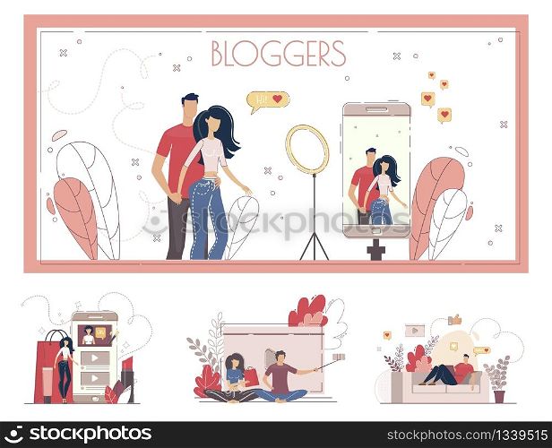 Digital Content Author, Video Blogger, Famous Vlogger, Social Media Viewer Characters Set. Men and Women Watching Video Online, Beauty Blogger Streaming Product Review Trendy Flat Vector Illustration