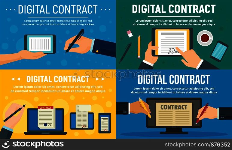 Digital contract banner set. Flat illustration of digital contract vector banner set for web design. Digital contract banner set, flat style