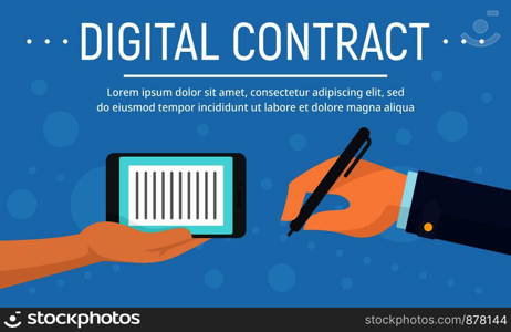 Digital contract device concept banner. Flat illustration of digital contract device vector concept banner for web design. Digital contract device concept banner, flat style