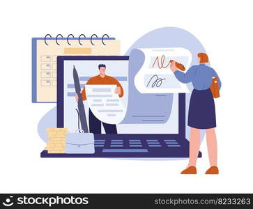 Digital contract or appointment woman signs. Business contract or payment bill. Online meeting with partner, internet banking service, vector scene of contract digital business illustration. Digital contract or appointment woman signs. Business contract or payment bill. Online meeting with partner, internet banking service, vector scene