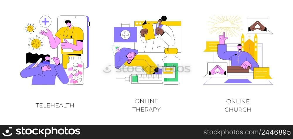 Digital counseling and mental help abstract concept vector illustration set. Telehealth, online therapy and church, social distancing, worship services, social distancing admission abstract metaphor.. Digital counseling and mental help abstract concept vector illustrations.