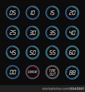 Digital countdown timer clock design icons. Digital countdown. Vector round countdown numbers, timer clock design icons