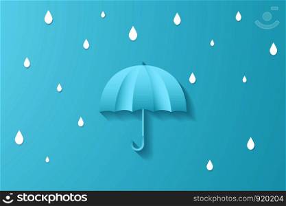 Digital craft paper art umbrella with rain drop minimal style , abstract blue background , rainy season , vector illustration