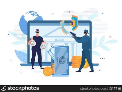 Digital Crimes. Cyber Hacking. E-Bank Account Attack. Cartoon Men Thieves in Mask Characters Forced Open Electronic Wallet Password Security System and Stealing Money. Vector Flat Illustration. Digital Crimes, Hacking, E-Bank Account Attack