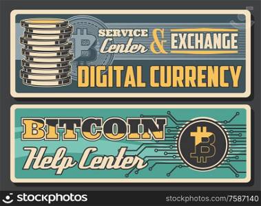 Digital currency vector banners of bitcoin exchange and service center design. Stack of bit coins and crypto currency, blockchain and digital money wallet technology. Bitcoins. Digital money or cryptocurrency exchange