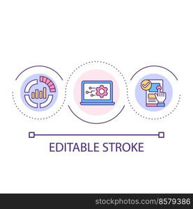 Digital data analytics loop concept icon. Customer behavior studying. Online business abstract idea thin line illustration. Isolated outline drawing. Editable stroke. Arial font used. Digital data analytics loop concept icon