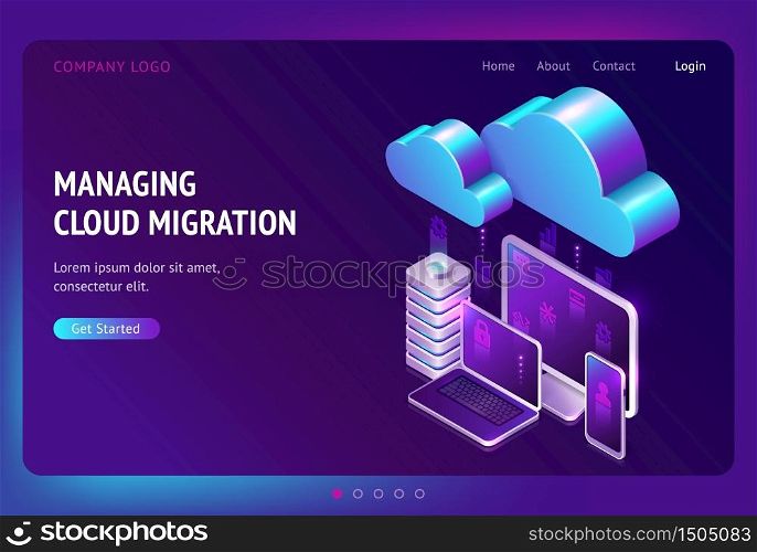 Digital data migration isometric landing page, cloud computing, media server, saas service for private information and files storage, gadgets connected in network system, web hosting 3d vector banner. Digital data migration isometric landing page
