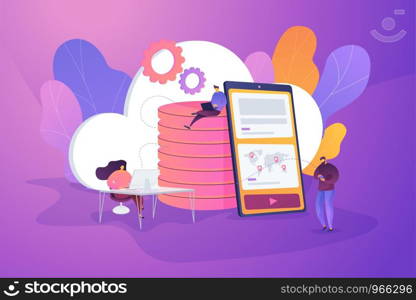 Digital data storage, database security, data protection, cloud technology concept. Vector isolated concept illustration with tiny people and floral elements. Hero image for website.. Cloud storage concept vector illustration.