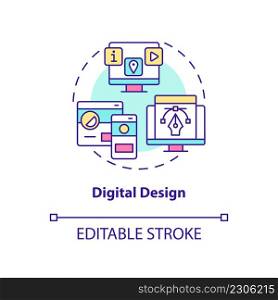 Digital design concept icon. Website visual component. Advanced digital skills abstract idea thin line illustration. Isolated outline drawing. Editable stroke. Arial, Myriad Pro-Bold fonts used. Digital design concept icon