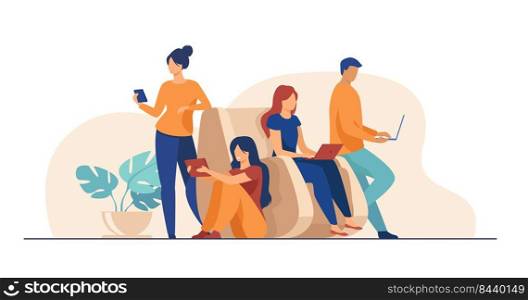 Digital device users spending time together. Group of men and women using laptop computers, tablet, smartphone. Vector illustration for web browsing, internet surfing, public access concept