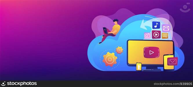 Digital devices and businessman with laptop on cloud using IaaS. Cloud based engine, infrastructure as a service, virtual machine on demand concept. Header or footer banner template with copy space.. Cloud based engine concept banner header.