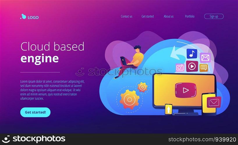 Digital devices and businessman with laptop on cloud using IaaS. Cloud based engine, infrastructure as a service, virtual machine on demand concept. Website vibrant violet landing web page template.. Cloud based engine concept landing page.