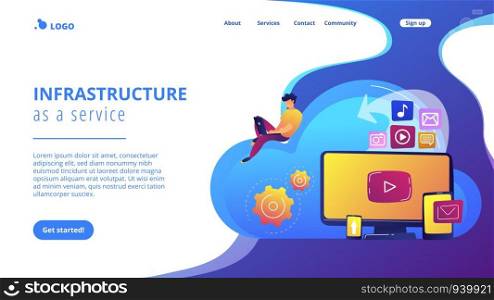Digital devices and businessman with laptop on cloud using IaaS. Cloud based engine, infrastructure as a service, virtual machine on demand concept. Website vibrant violet landing web page template.. Cloud based engine concept landing page.