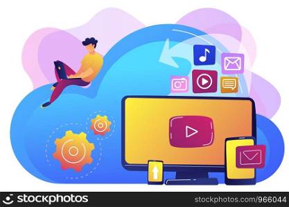 Digital devices and businessman with laptop on cloud using IaaS. Cloud based engine, infrastructure as a service, virtual machine on demand concept. Bright vibrant violet vector isolated illustration. Cloud based engine concept vector illustration.