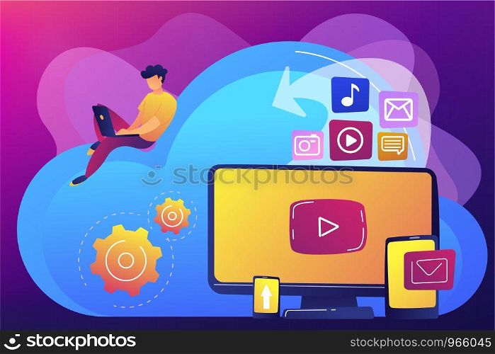 Digital devices and businessman with laptop on cloud using IaaS. Cloud based engine, infrastructure as a service, virtual machine on demand concept. Bright vibrant violet vector isolated illustration. Cloud based engine concept vector illustration.