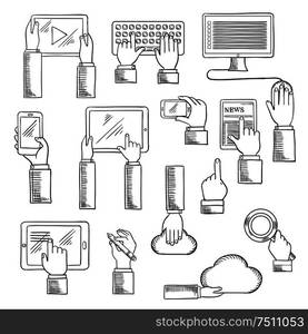 Digital devices and web technology icons with human hands working on tablets, desktop computer, keyboard, smartphones, digital pen, cloud data storage and search application. Sketch style vector. Human hands with digital devices