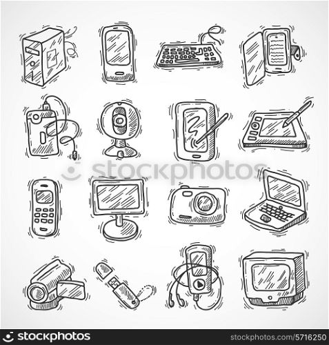 Digital devices sketch set with mobile phone tablet monitor video camera isolated vector illustration