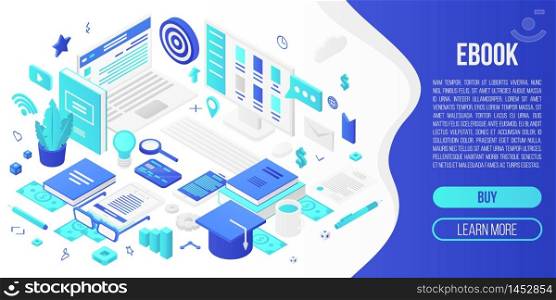 Digital ebook concept banner. Isometric illustration of digital ebook vector concept banner for web design. Digital ebook concept banner, isometric style
