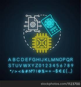 Digital electronics in robotics neon light concept icon. Computer chip and microscheme idea. Processor, hardware element. Glowing sign with alphabet, numbers and symbols. Vector isolated illustration