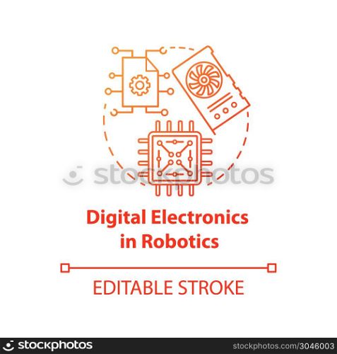 Digital electronics in robotics red concept icon. Computer chip and microscheme idea thin line illustration. Processor, hardware element. Vector isolated outline drawing. Editable stroke