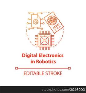Digital electronics in robotics red concept icon. Computer chip and microscheme idea thin line illustration. Processor, hardware element. Vector isolated outline drawing. Editable stroke