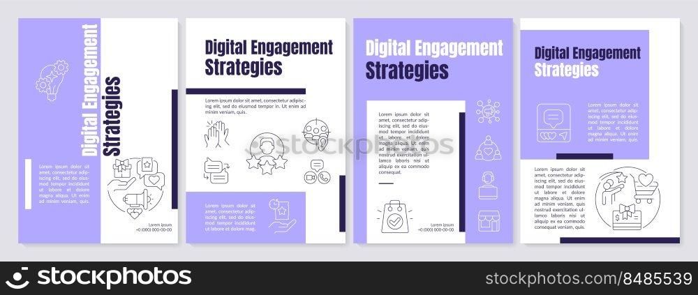 Digital engagement strategies purple brochure template. Leaflet design with linear icons. Editable 4 vector layouts for presentation, annual reports. Anton, Lato-Regular fonts used. Digital engagement strategies purple brochure template