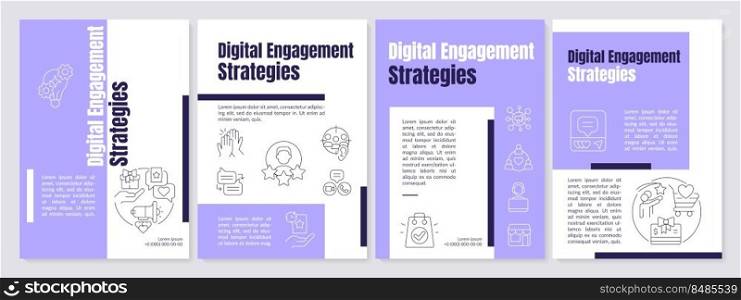Digital engagement strategies purple brochure template. Leaflet design with linear icons. Editable 4 vector layouts for presentation, annual reports. Anton, Lato-Regular fonts used. Digital engagement strategies purple brochure template