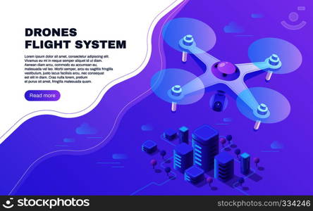 Digital entertainment flight drone, aerial photo surveillance and delivery copter flying above city vector illustration