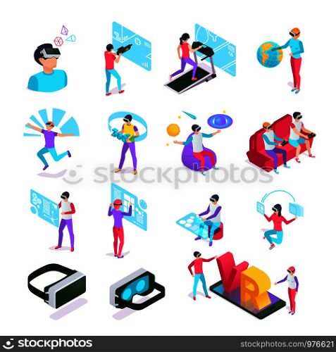 Digital entertainments VR cyberspace headset computer glass. Augmented future gadgets futuristic tech or virtual reality glasses display augmentation at isometric people vector isolated symbols set. Digital entertainments VR cyberspace headset computer. Augmented or virtual reality glasses at isometric people vector set