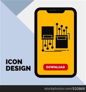 digital, fiber, electronic, lane, cable Glyph Icon in Mobile for Download Page. Yellow Background. Vector EPS10 Abstract Template background
