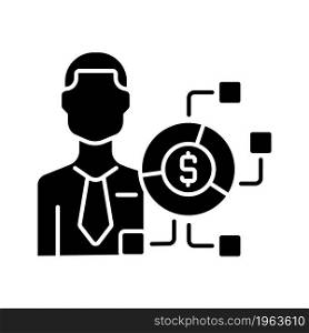 Digital finance expert black glyph icon. Financial field digitalization. Company processes optimization consultant. Remote services. Silhouette symbol on white space. Vector isolated illustration. Digital finance expert black glyph icon