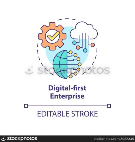 Digital-first enterprise concept icon. Corporate technology. Trends in business abstract idea thin line illustration. Isolated outline drawing. Editable stroke. Arial, Myriad Pro-Bold fonts used. Digital-first enterprise concept icon