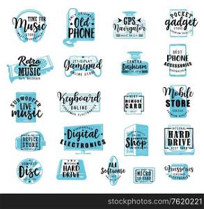 Digital gadgets, multimedia electronic devices store sketch lettering. Vector calligraphy phone, music earphones or hard drive disk, memory flash, micro SD card with smartphone and computer web camera. Electronic digital gadgets and devices, lettering
