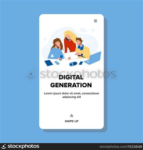 Digital Generation Modern Electronic Gadgets Vector. Young Woman And Man Watch At Digital Tablet, Charging Cellphone From Portable Battery And Listen Music. Characters Web Flat Cartoon Illustration. Digital Generation Modern Electronic Gadgets Vector