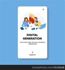 Digital Generation Modern Electronic Gadgets Vector. Young Woman And Man Watch At Digital Tablet, Charging Cellphone From Portable Battery And Listen Music. Characters Web Flat Cartoon Illustration. Digital Generation Modern Electronic Gadgets Vector