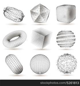Digital Geometric Shapes Set . Digitally plotted geometric shapes imaged collection with cube sphere abstract figures white black design isolated vector illustration