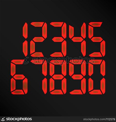 Digital Glowing Numbers Vector. Digital Glowing Numbers Vector. Red Numbers On Black Background. etro Clock, Count, LCD Display