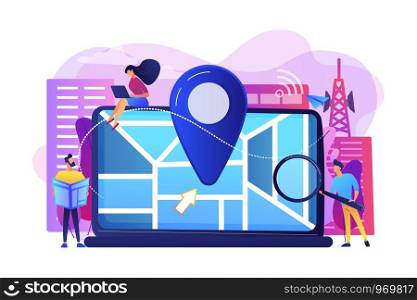 Digital GPS application for smartphones. Geotag sign on city map. Local search optimization, search engine targeting, local SEO strategy concept. Bright vibrant violet vector isolated illustration. Local search optimization concept vector illustration