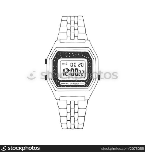 Digital hand watch. Wrist watch outline doodle icon. Illustration in sketch style. Vector image