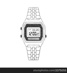 Digital hand watch. Wrist watch outline doodle icon. Illustration in sketch style. Vector image