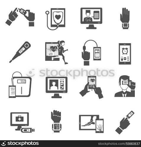Digital health black icons set with medical diagnostics symbols isolated vector illustration. Digital Health Icons Set