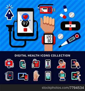 Digital health flat banner icons collection with medical electronic mobile wearable personal diagnostic devices symbols vector illustration . Digital Healthcare Flat Icons Collection