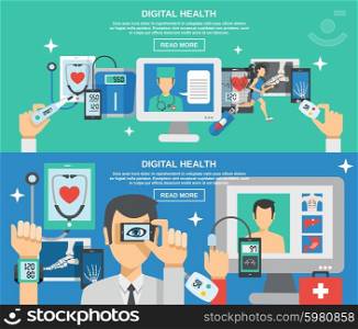 Digital health horizontal banner set with mobile medicine elements isolated vector illustration. Digital Health Banner Set