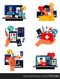 Digital health innovative self-care and control technology 6 symbols compositions set isolated flat vector illustration flat . Digital Health Symbols Compositions Set