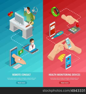 Digital Health Isometric Vertical Banners. Digital health isometric vertical banners with different modern diagnostic gadgets and remote medical consultation vector illustration