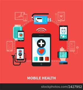 Digital health mobile wearable gadgets devices checking heart rate and controlled by personal smartphone flat vector illustration. Digital Health Gadgets Flat Poster