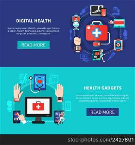 Digital health solutions products online 2 flat horizontal banners webpage design with mobile devices isolated vector illustration . Digital Health Gadgets Flat Banners