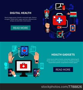 Digital health solutions products online 2 flat horizontal banners webpage design with mobile devices isolated vector illustration . Digital Health Gadgets Flat Banners 